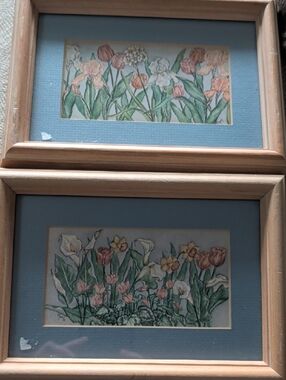 Floral Watercolor Signed Prints Wall Art Pair in Blue Mats